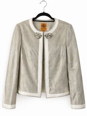 Tory Burch Gold Basketweave Paley Shimmer Linen Blend Jacket Size 12